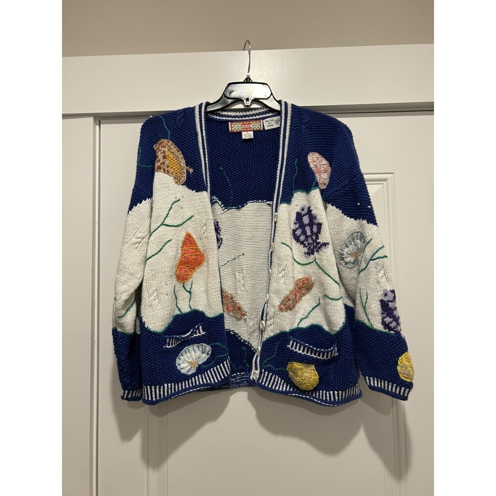 Vintage Cardigan Bay Sweater Button Front Sea Urchin Design Knitted Sz XL Whimsy